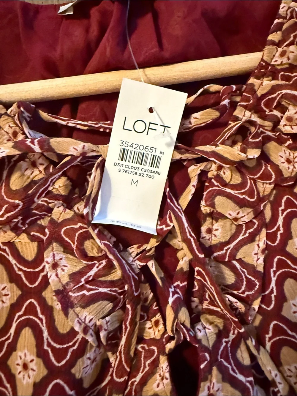 NWT LOFT Medium Burgundy Floral Ruffle Tie Neck Puff Sleeve Lined Blouse Boho